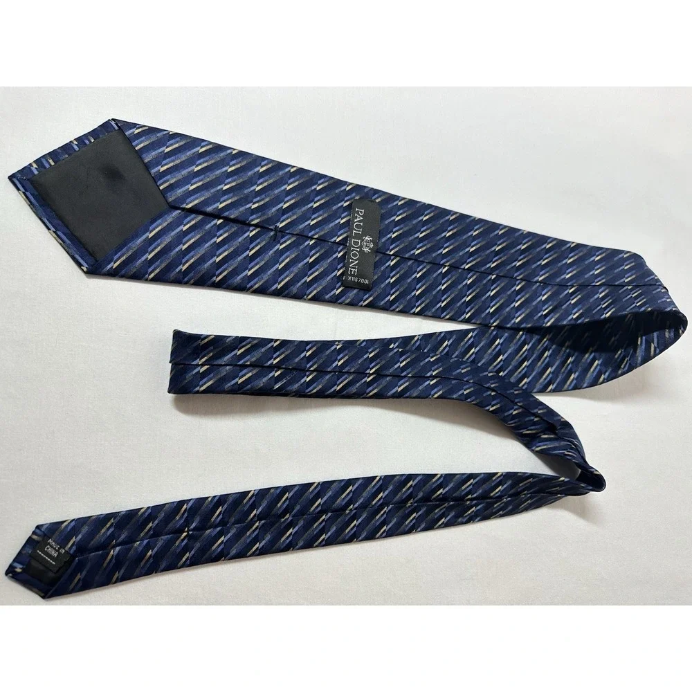 Paul Dione Designer Mens Tie 100% Silk Blue & Gold Geometric Print